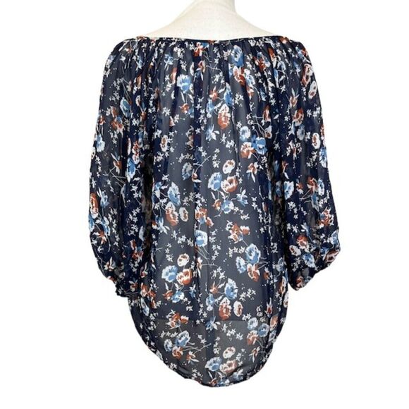 Joie Silk Floral Sheer Blouse Navy Blue Rust Button Front Wide Neck Oversized XS - Picture 3 of 10